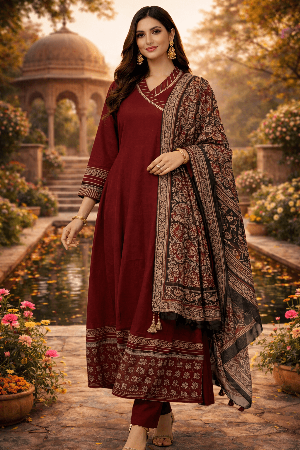 Elegant Maroon Angrakha Style Anarkali Set