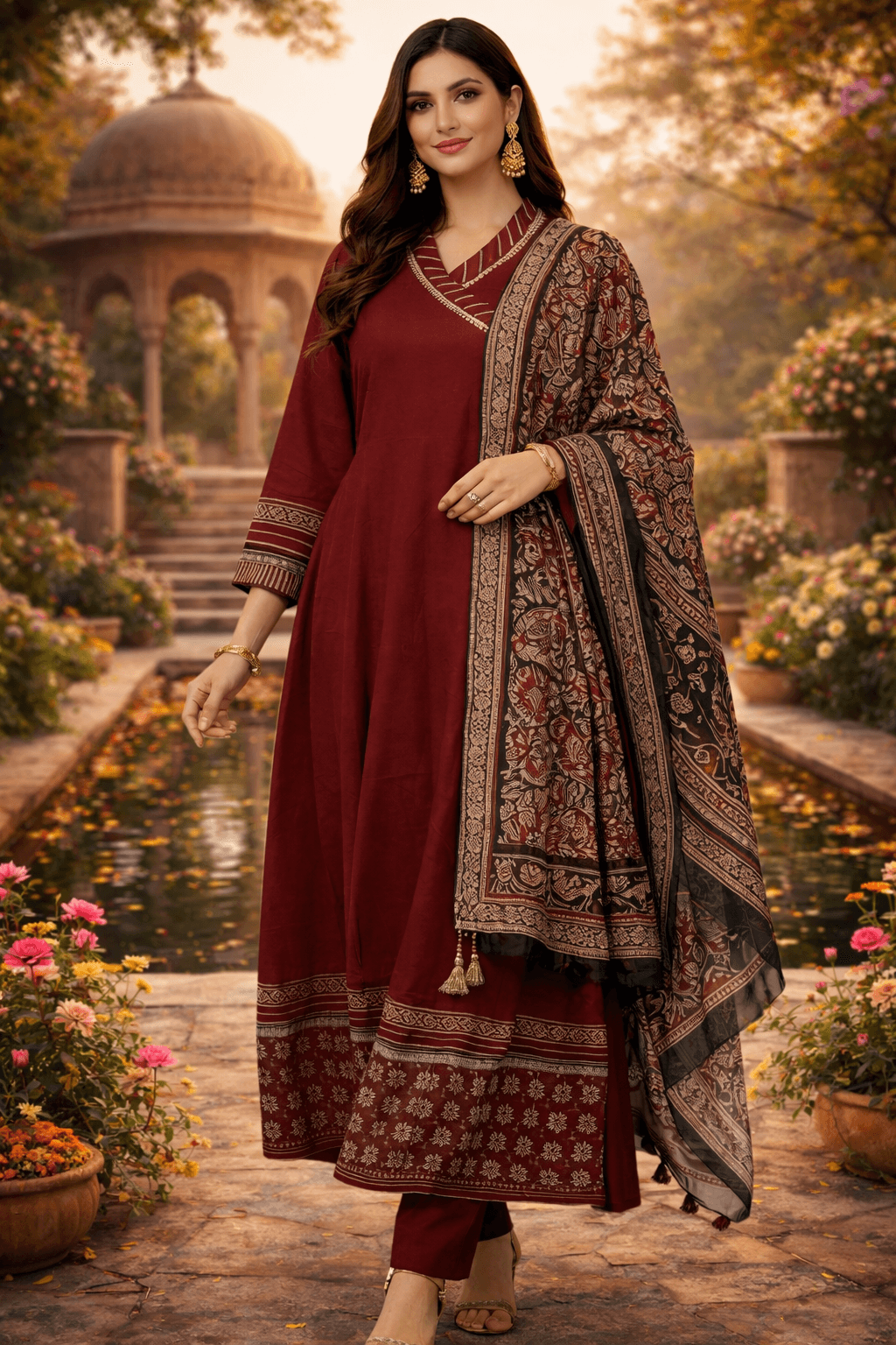 Elegant Maroon Angrakha Style Anarkali Set