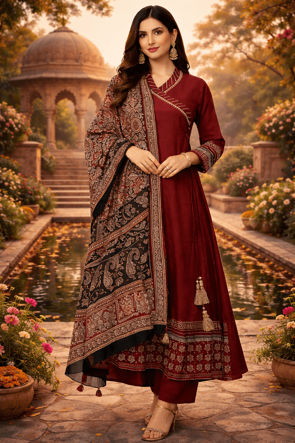 Elegant Maroon Angrakha Style Anarkali Set