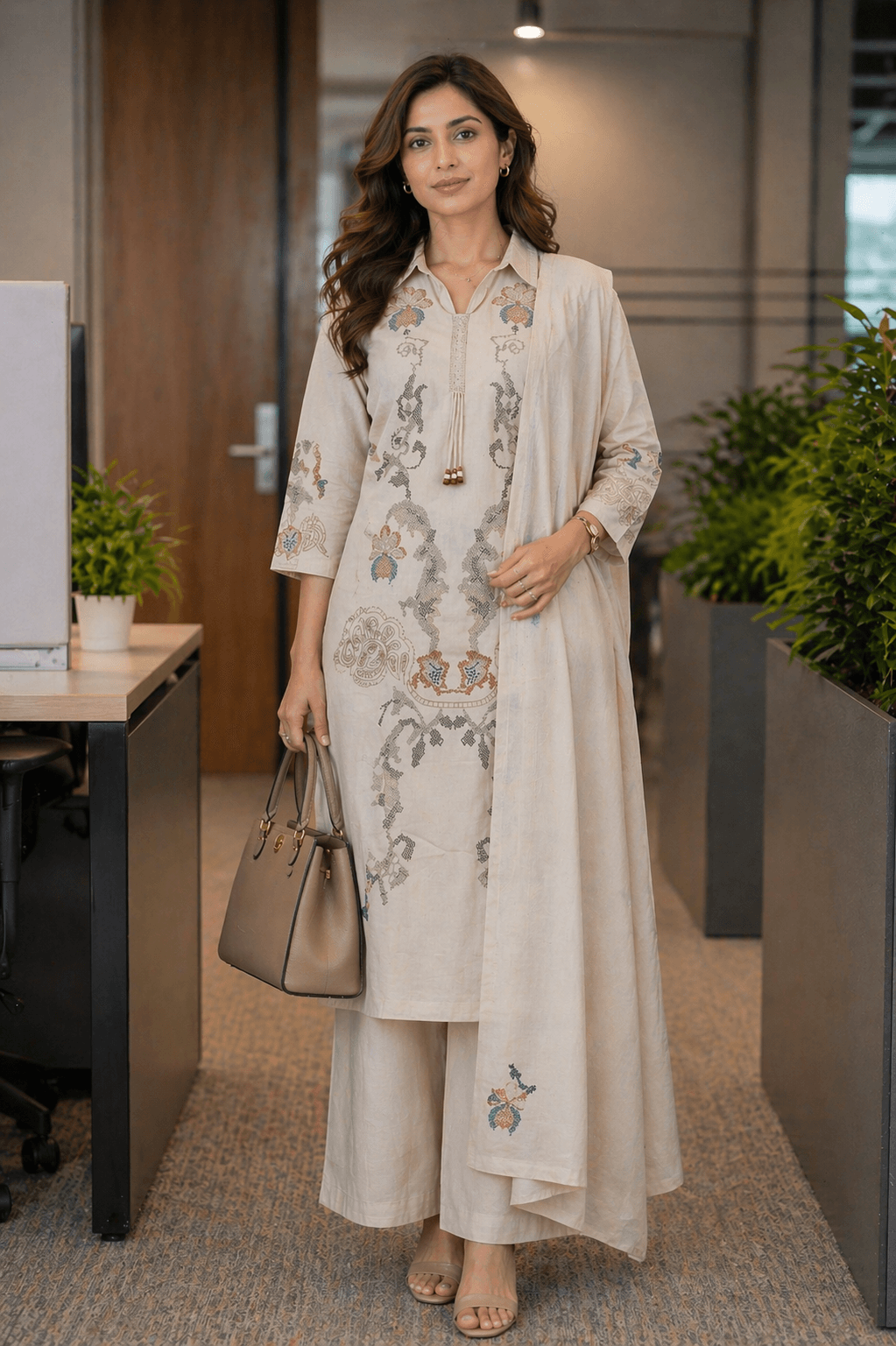 Beige Cotton Kurta Set