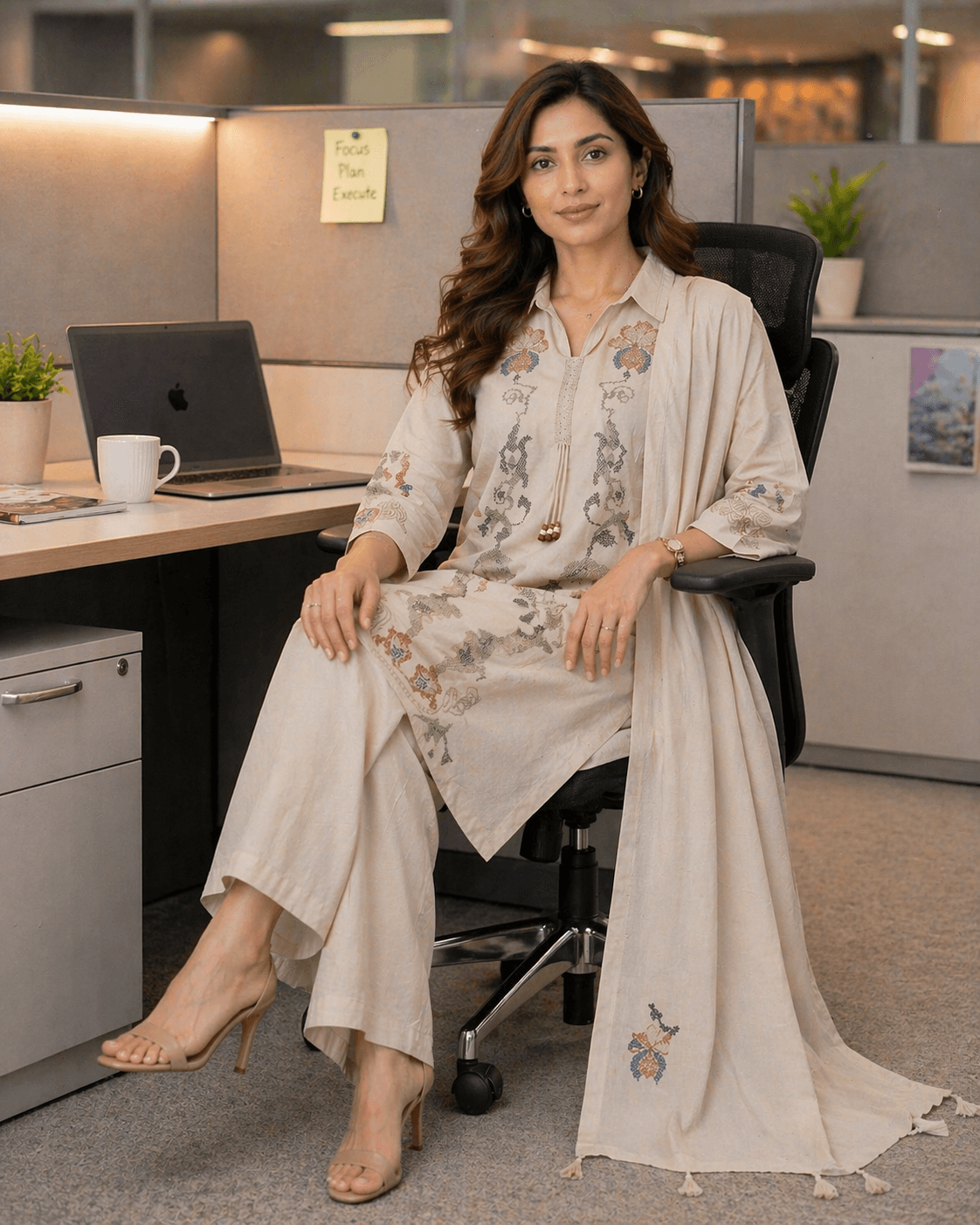 Beige Cotton Kurta Set