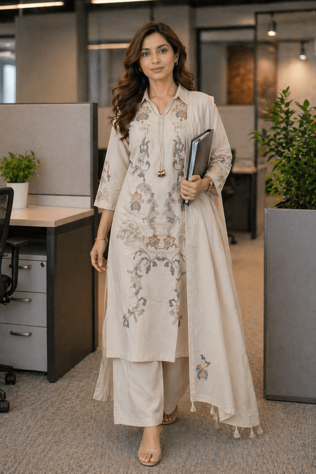 Beige Cotton Kurta Set