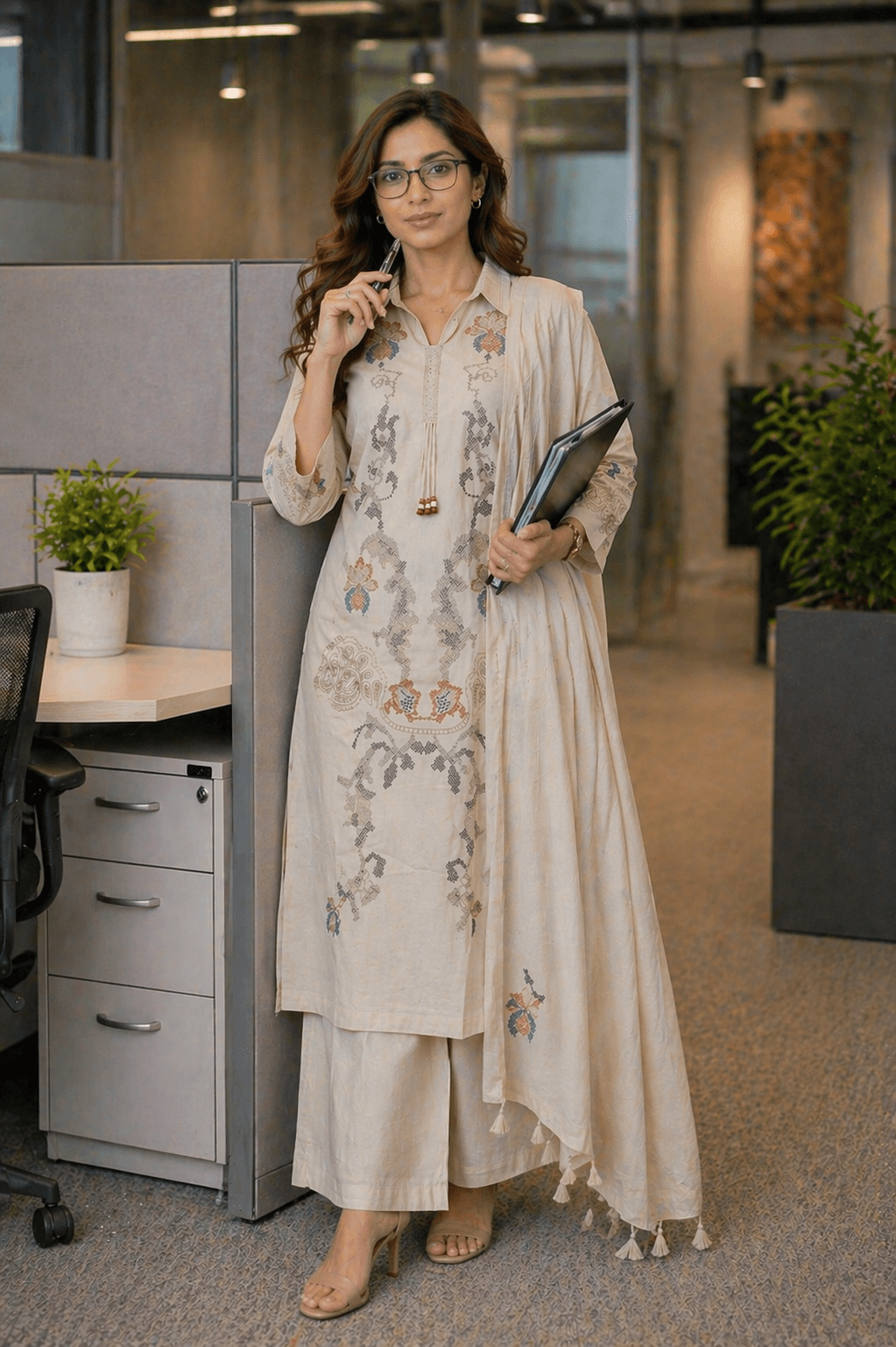 Beige Cotton Kurta Set