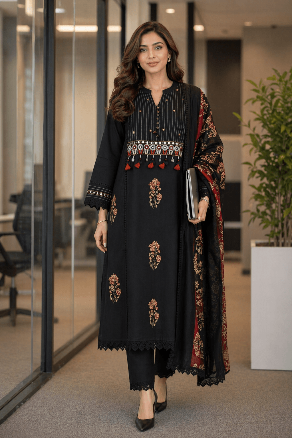 Elegant Black Mul Cotton Kurta Set with Dupatta
