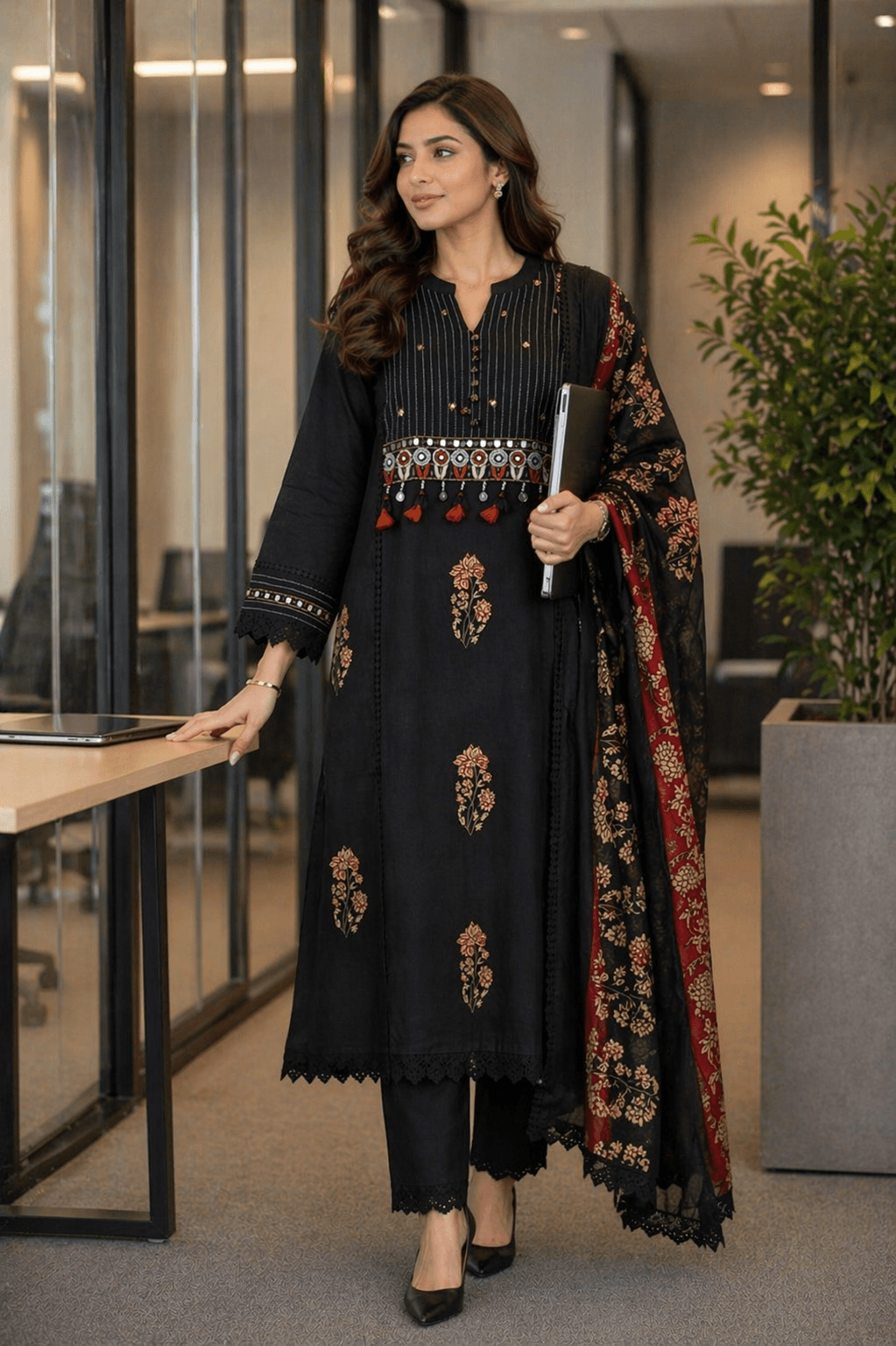 Elegant Black Mul Cotton Kurta Set with Dupatta
