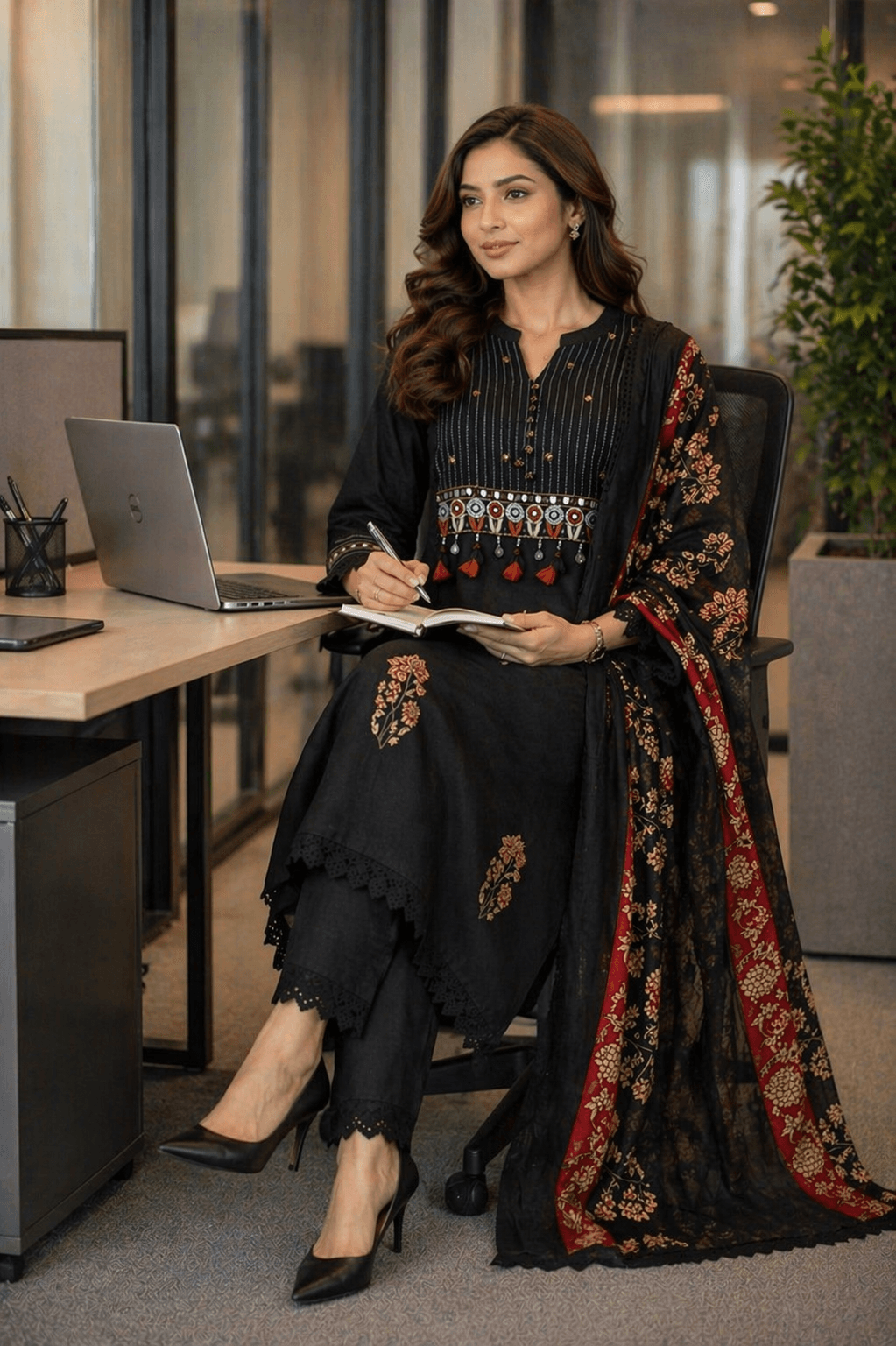 Elegant Black Mul Cotton Kurta Set with Dupatta