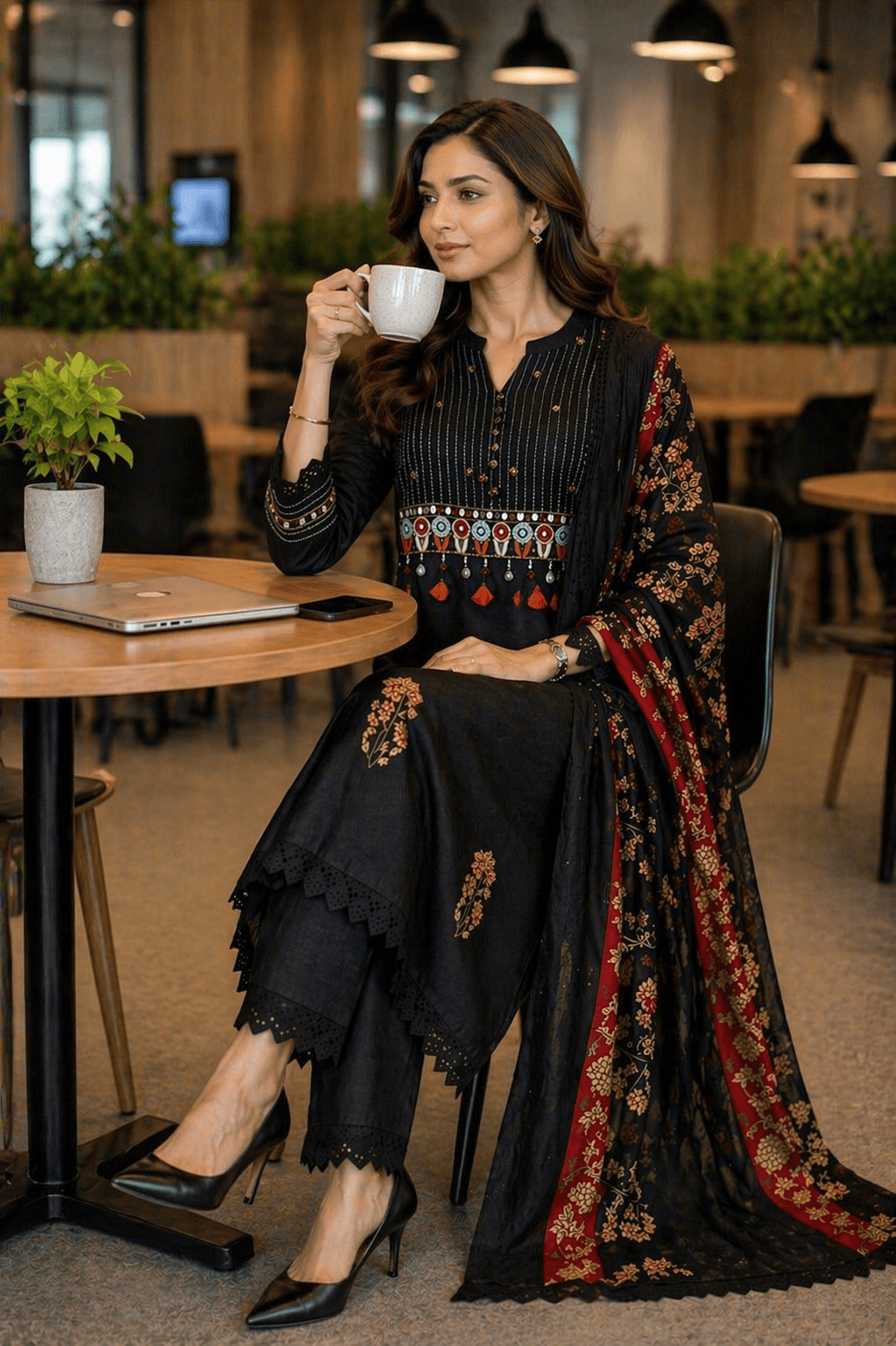 Elegant Black Mul Cotton Kurta Set with Dupatta