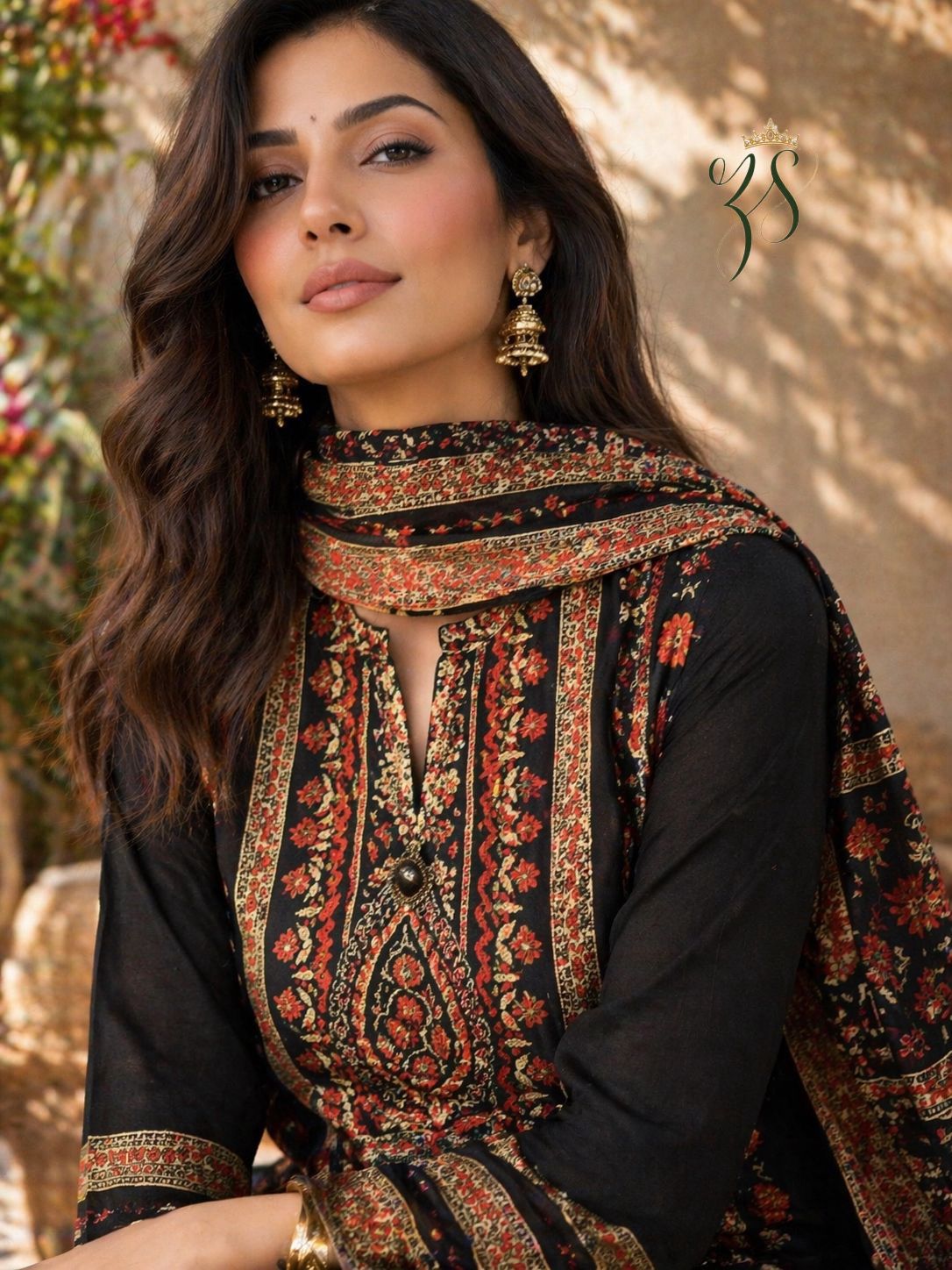 Black and rust-orange embroidered suit set