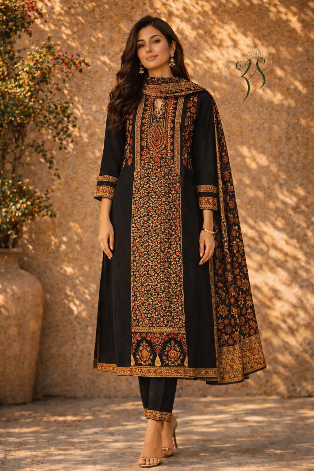 Black and rust-orange embroidered suit set
