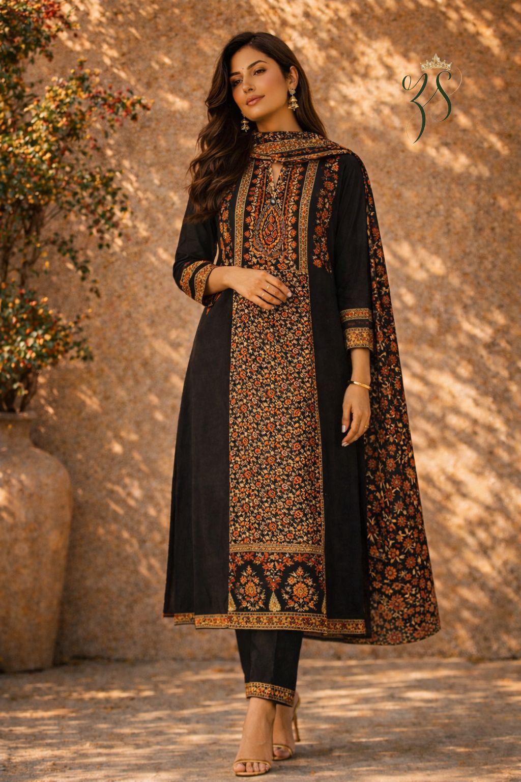 Black and rust-orange embroidered suit set