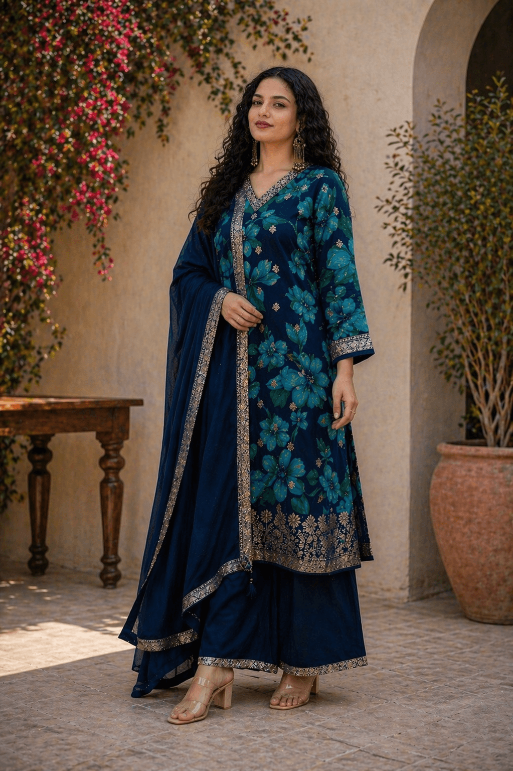 Navy Blue Floral Kurta Set