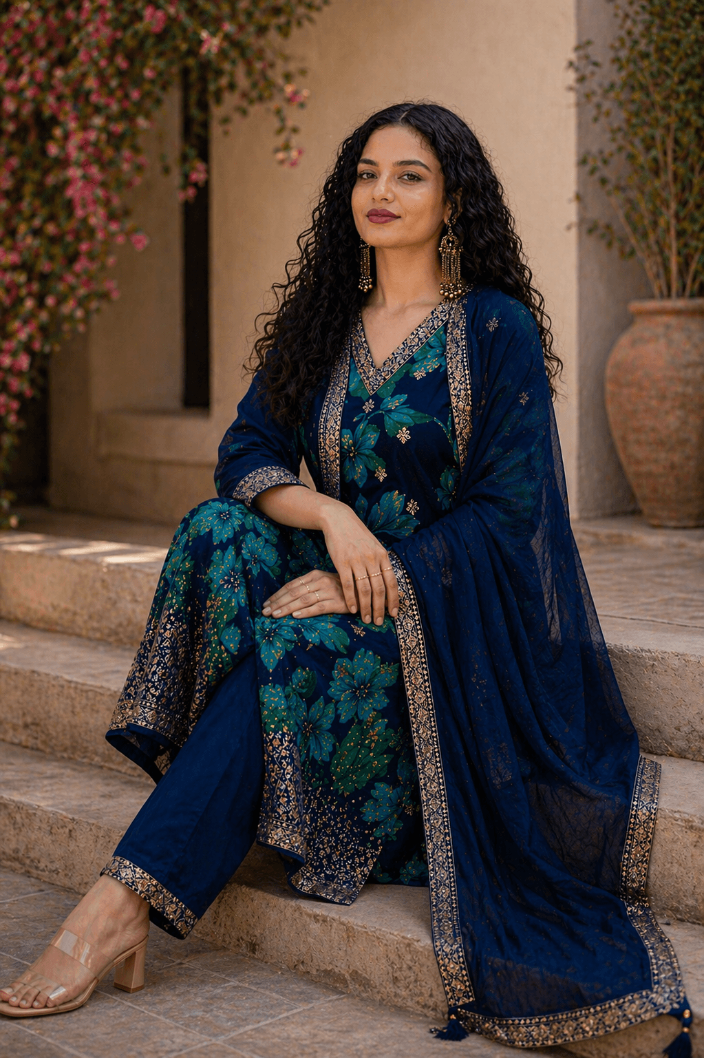 Navy Blue Floral Kurta Set