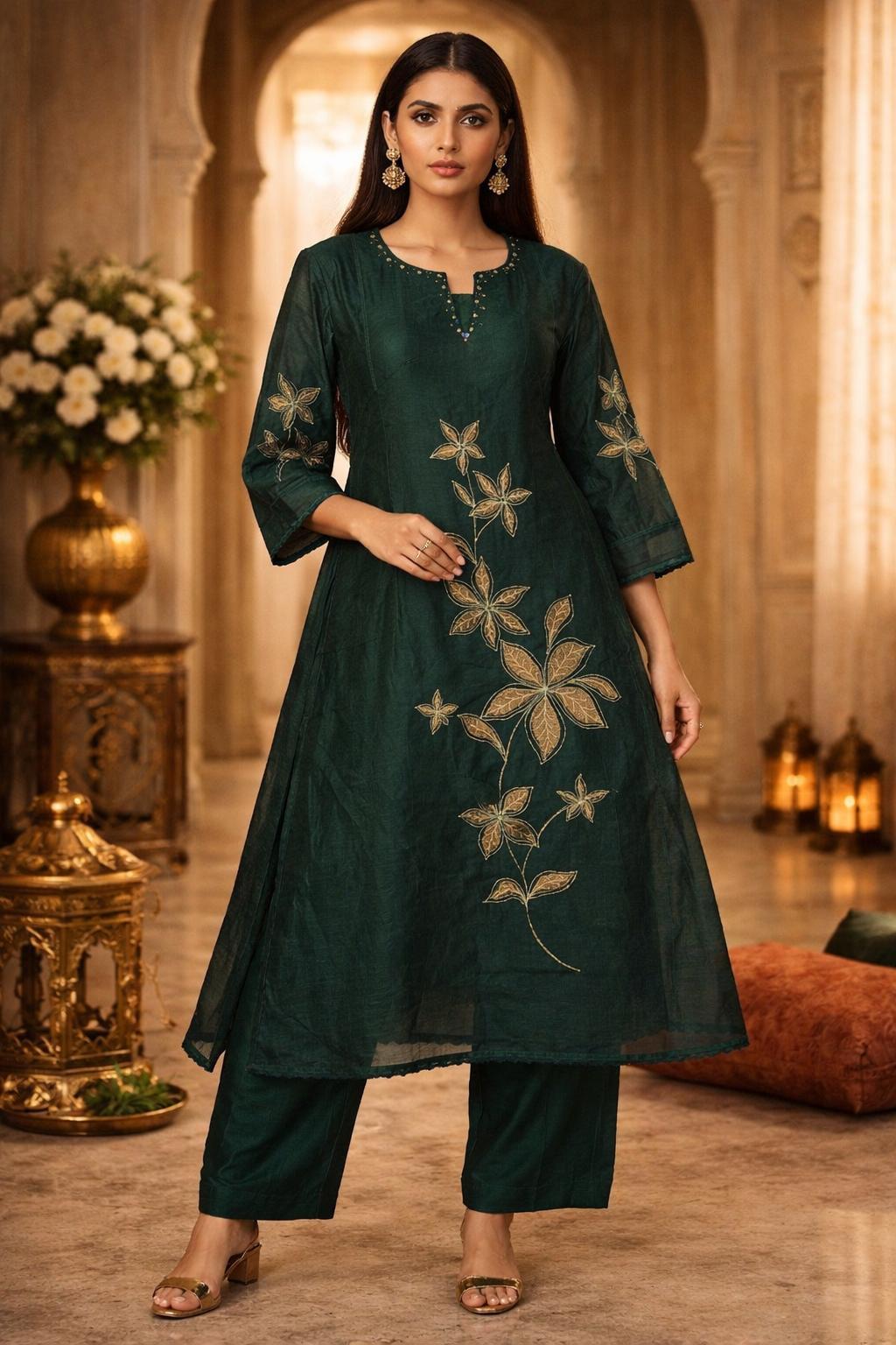 Elegant Bottle Green Embroidered Suit Set