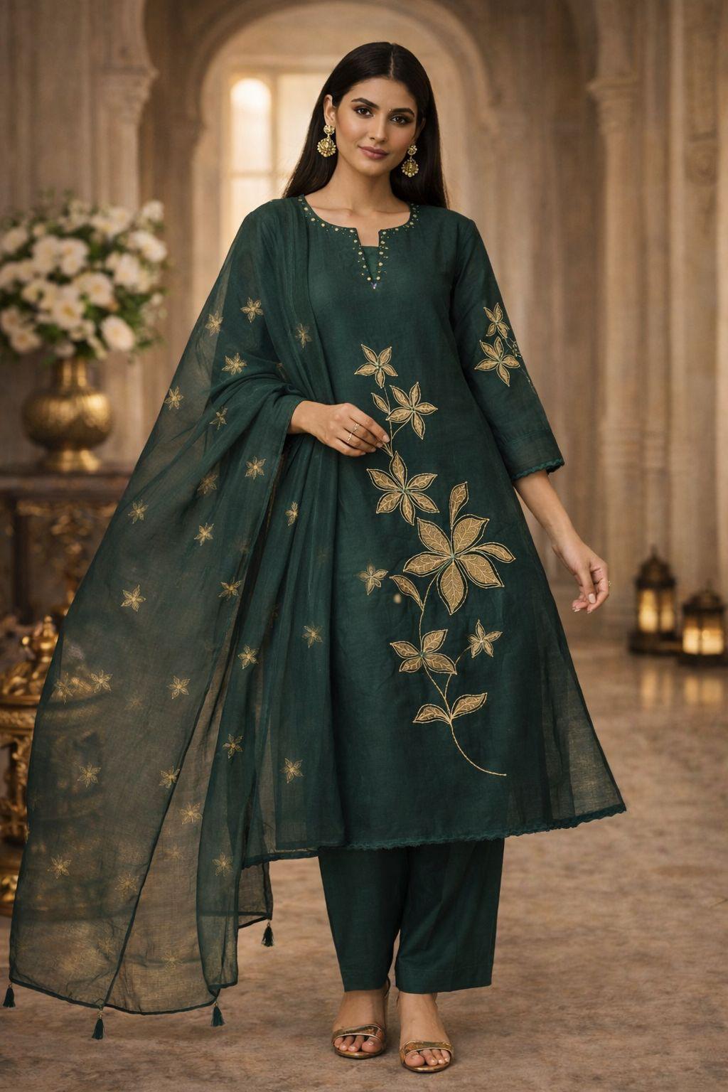 Elegant Bottle Green Embroidered Suit Set