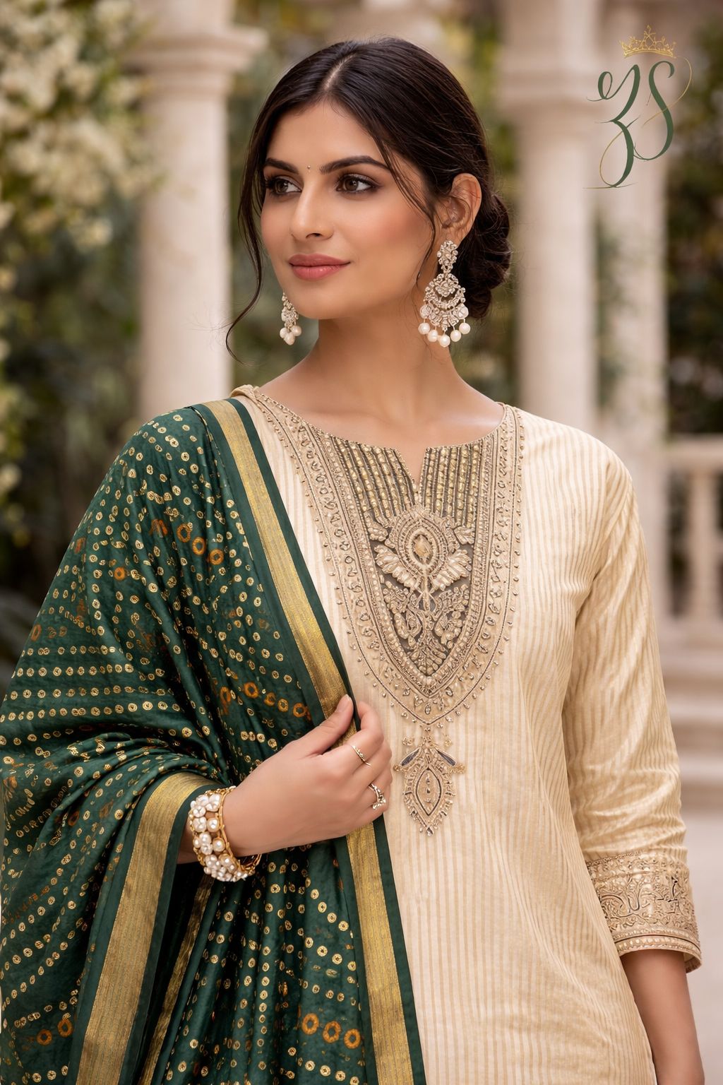 Elegant Ivory & Emerald Festive Suit Set