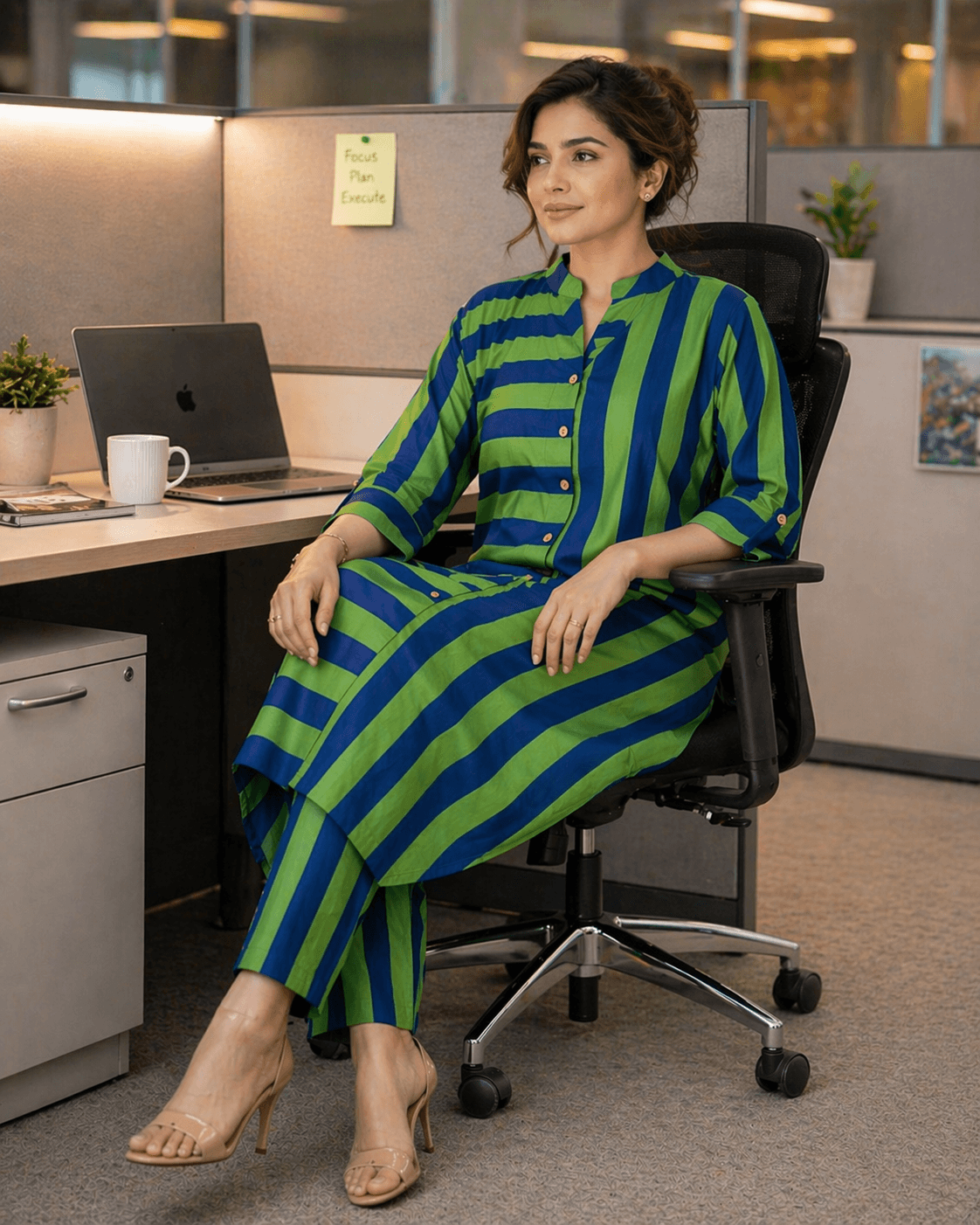 Blue-Green Striped Kurta Set