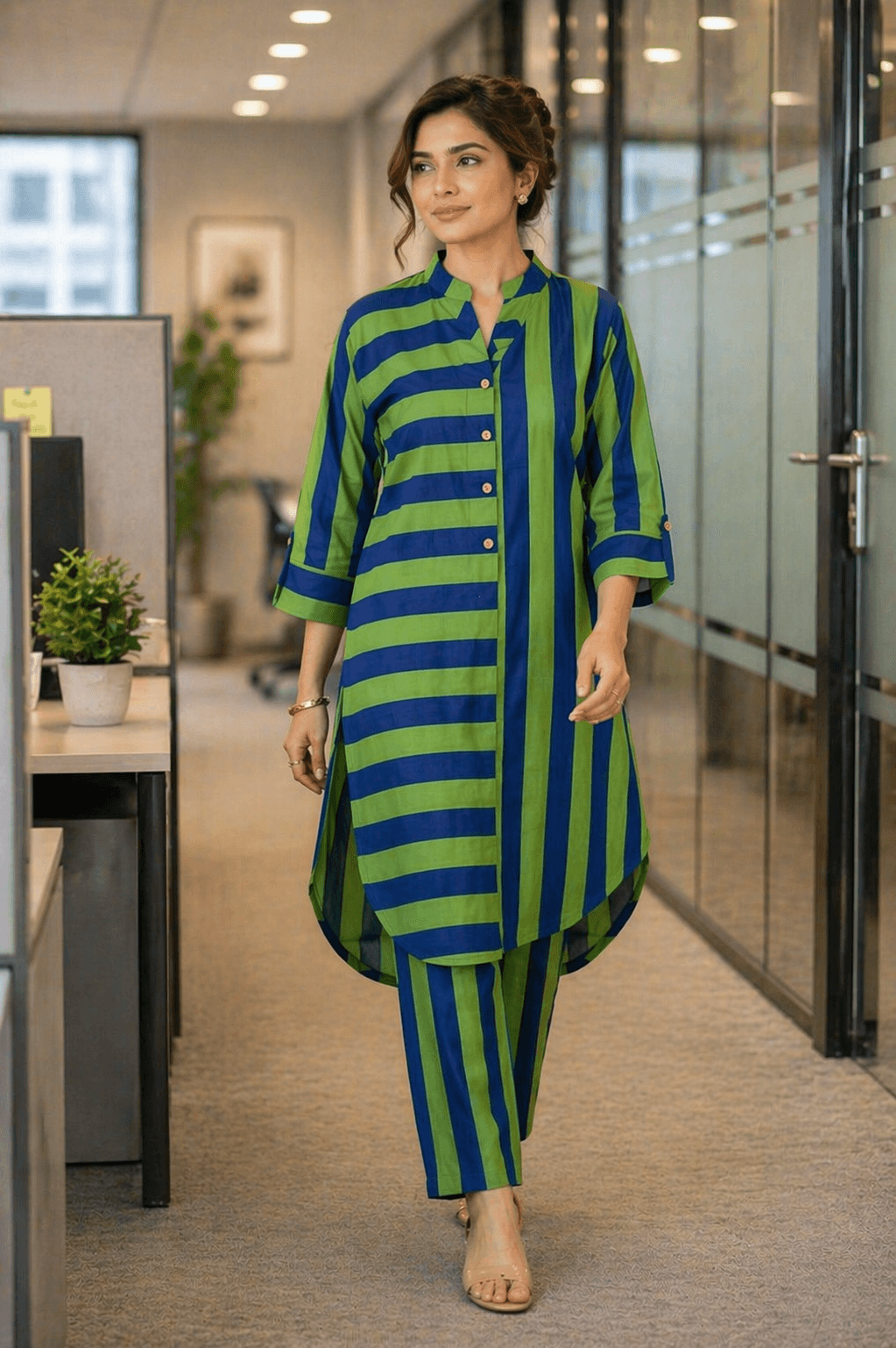 Blue-Green Striped Kurta Set