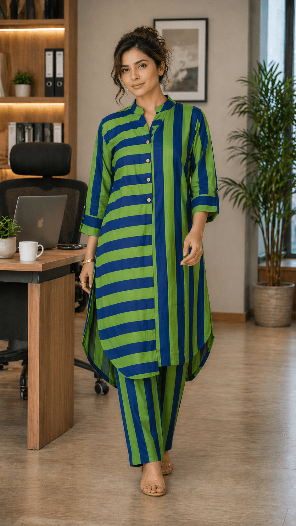 Blue-Green Striped Kurta Set