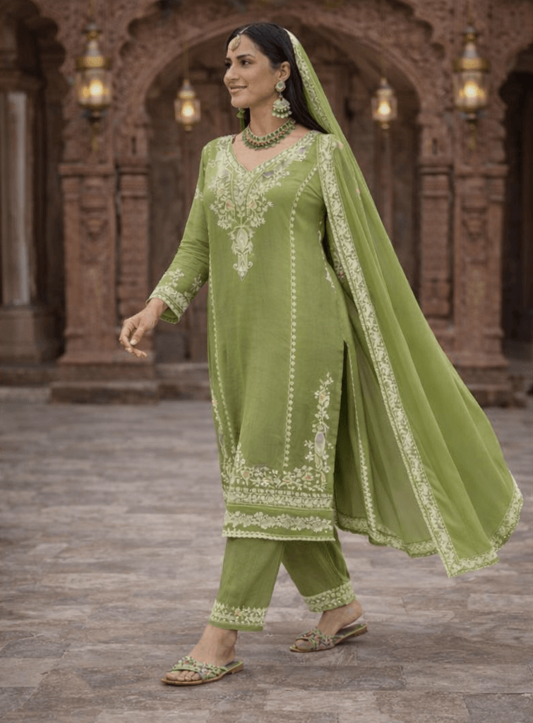 Pista Green Embroidered Kurta Set with Dupatta