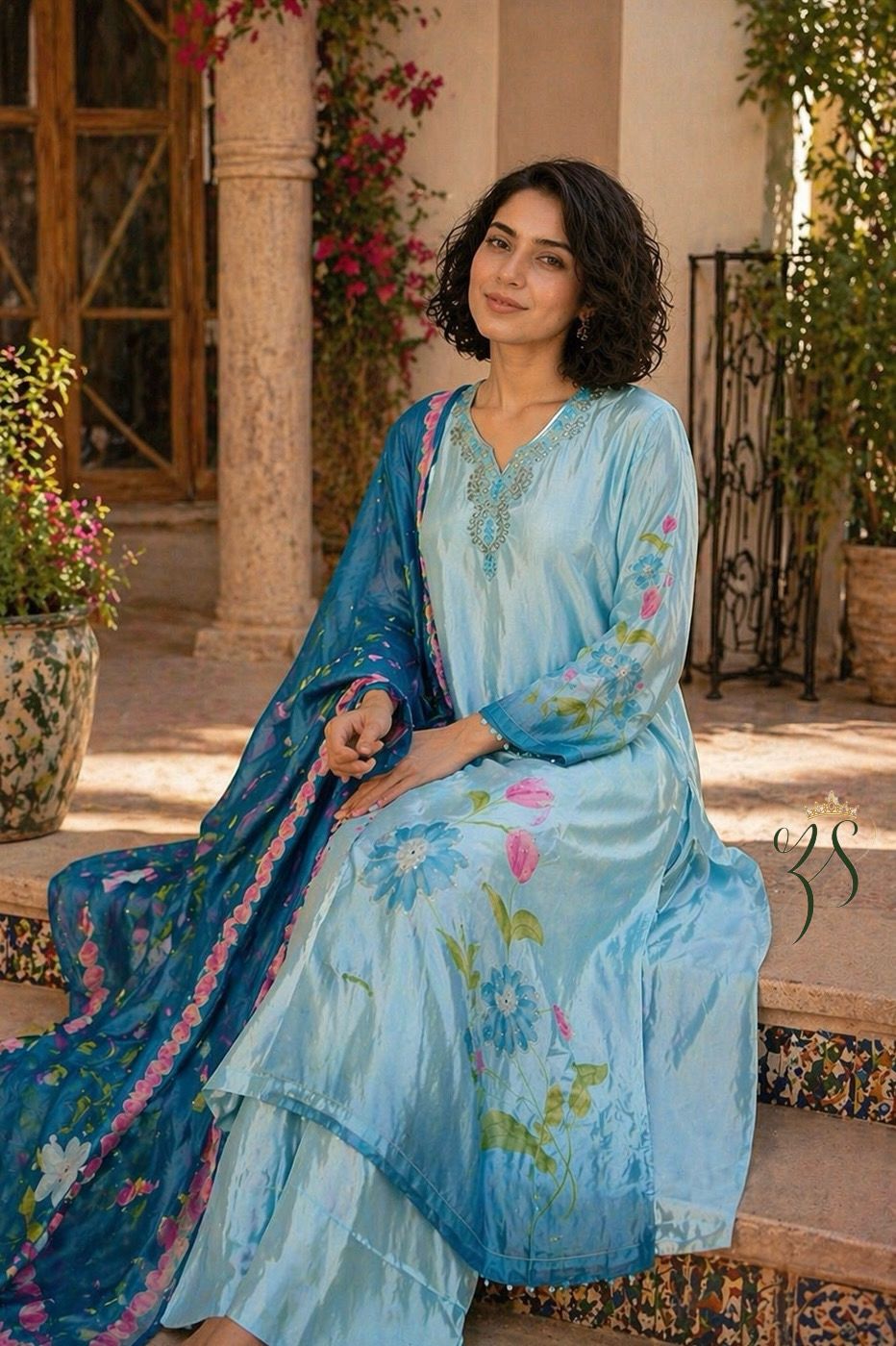 Elegant Powder Blue Floral Suit Set