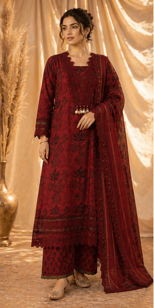 Maroon Printed Cotton Kurta Set with Dupatta