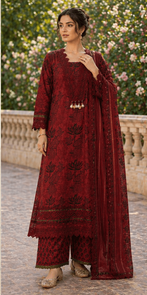 Maroon Printed Cotton Kurta Set with Dupatta