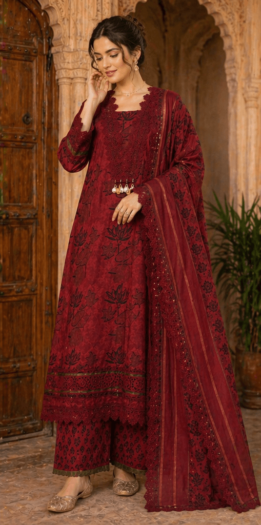 Maroon Printed Cotton Kurta Set with Dupatta