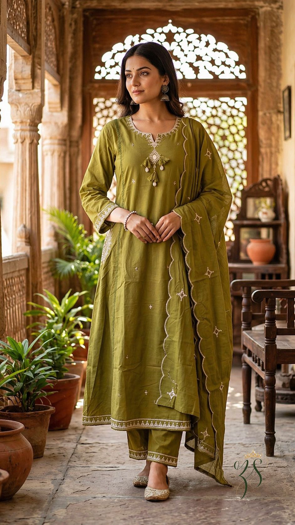 Mehendi Green Cotton Kurta Set with Dupatta