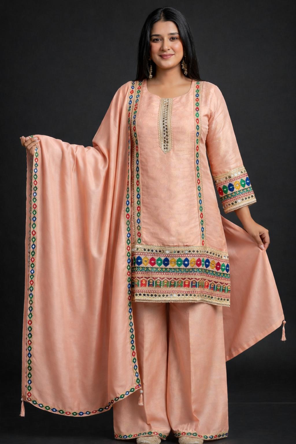 Peach embroidered Kurta Set