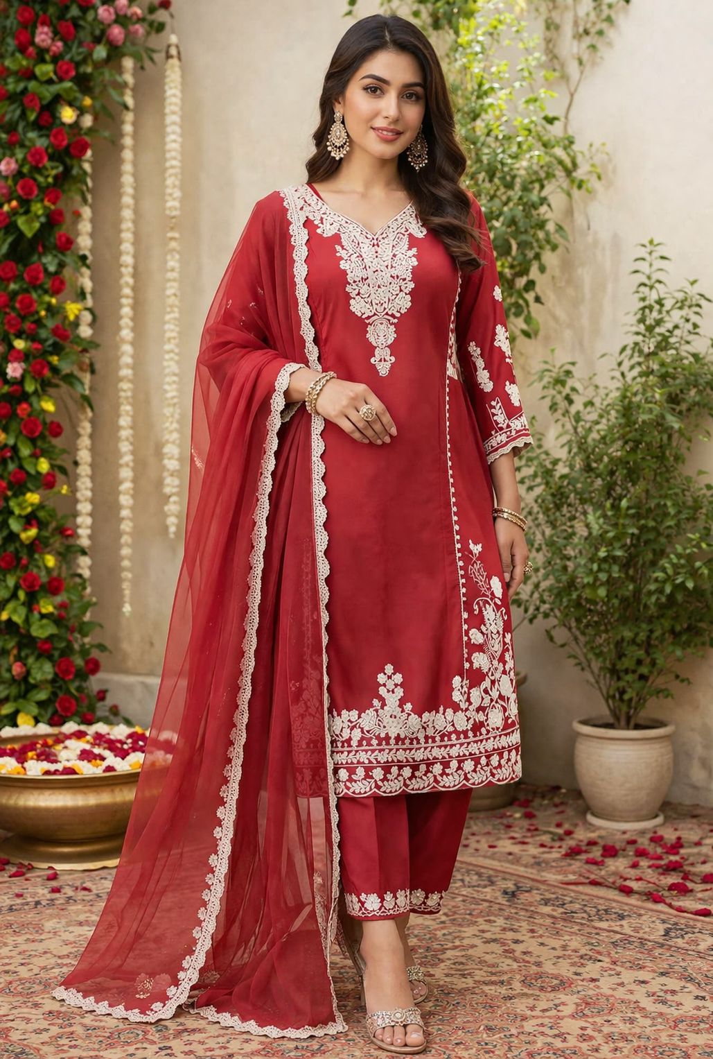 Rust Pakistani Style Moti Work Suit Set