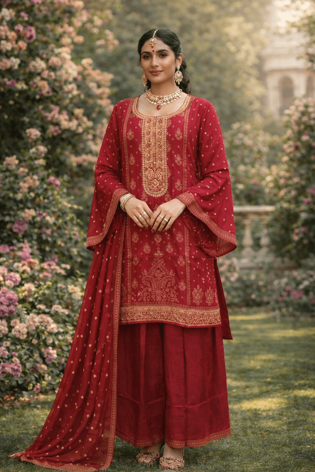 Rani Red Embroidered Festive Suit Set