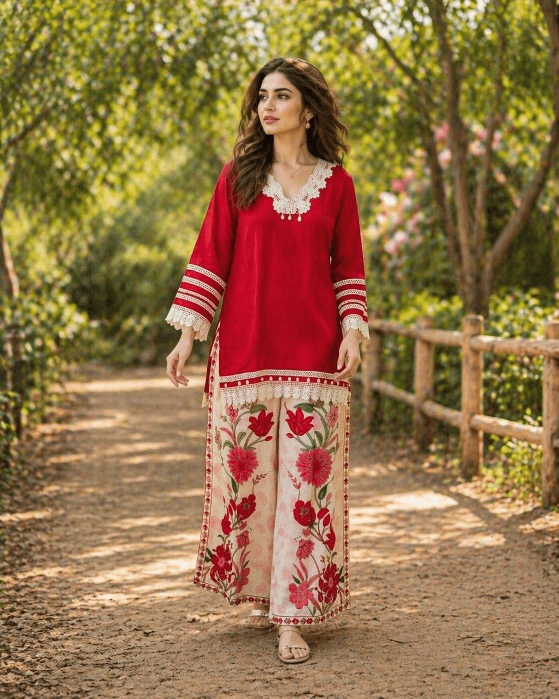 Red and cream ethnic cord set