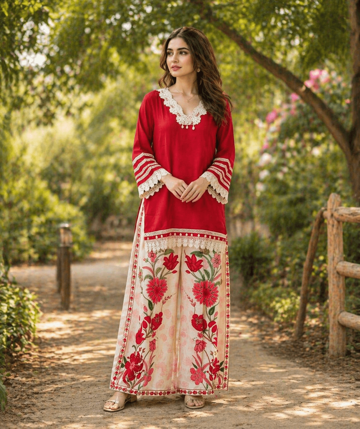 Red and cream ethnic cord set