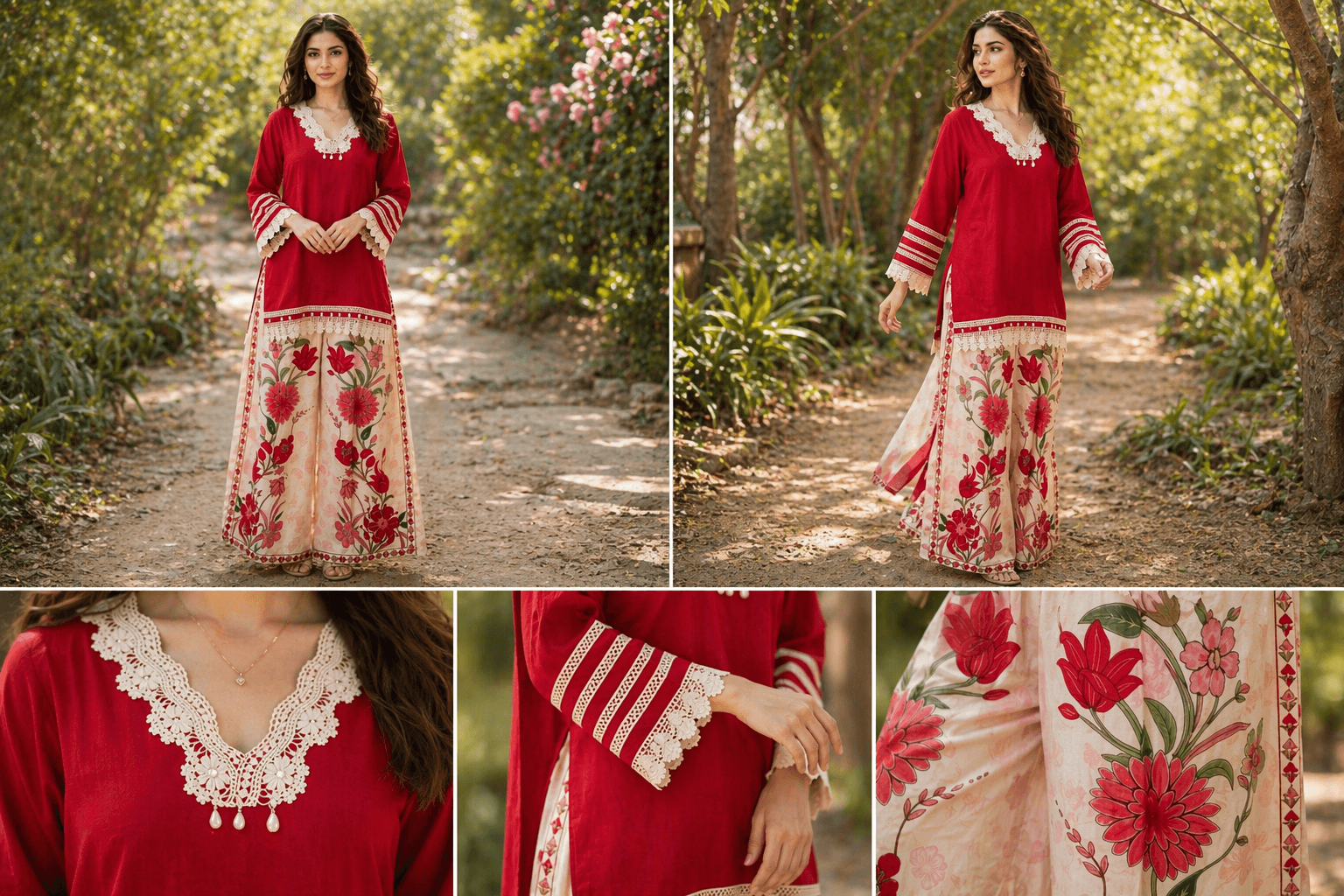 Red and cream ethnic cord set