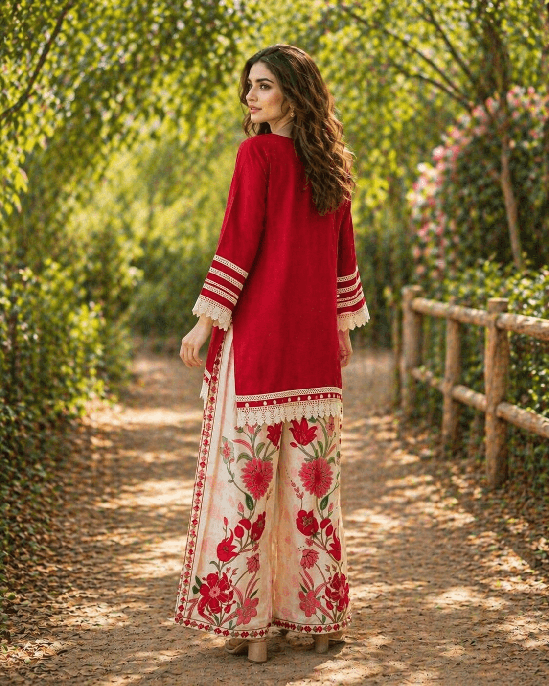 Red and cream ethnic cord set