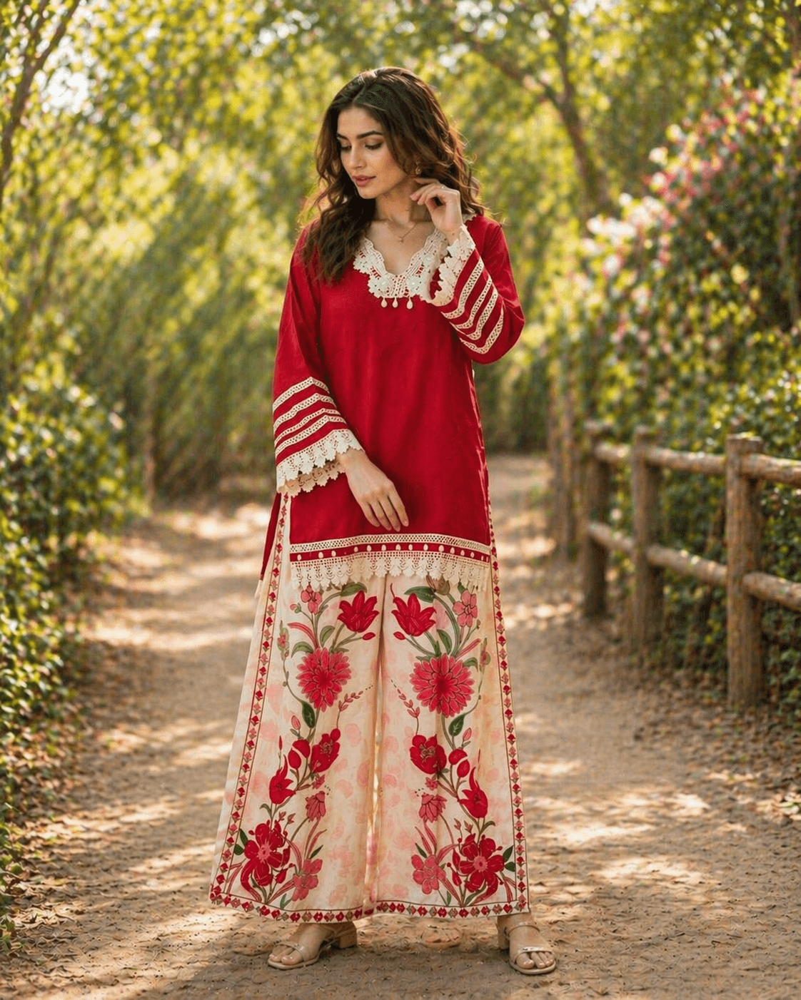 Red and cream ethnic cord set