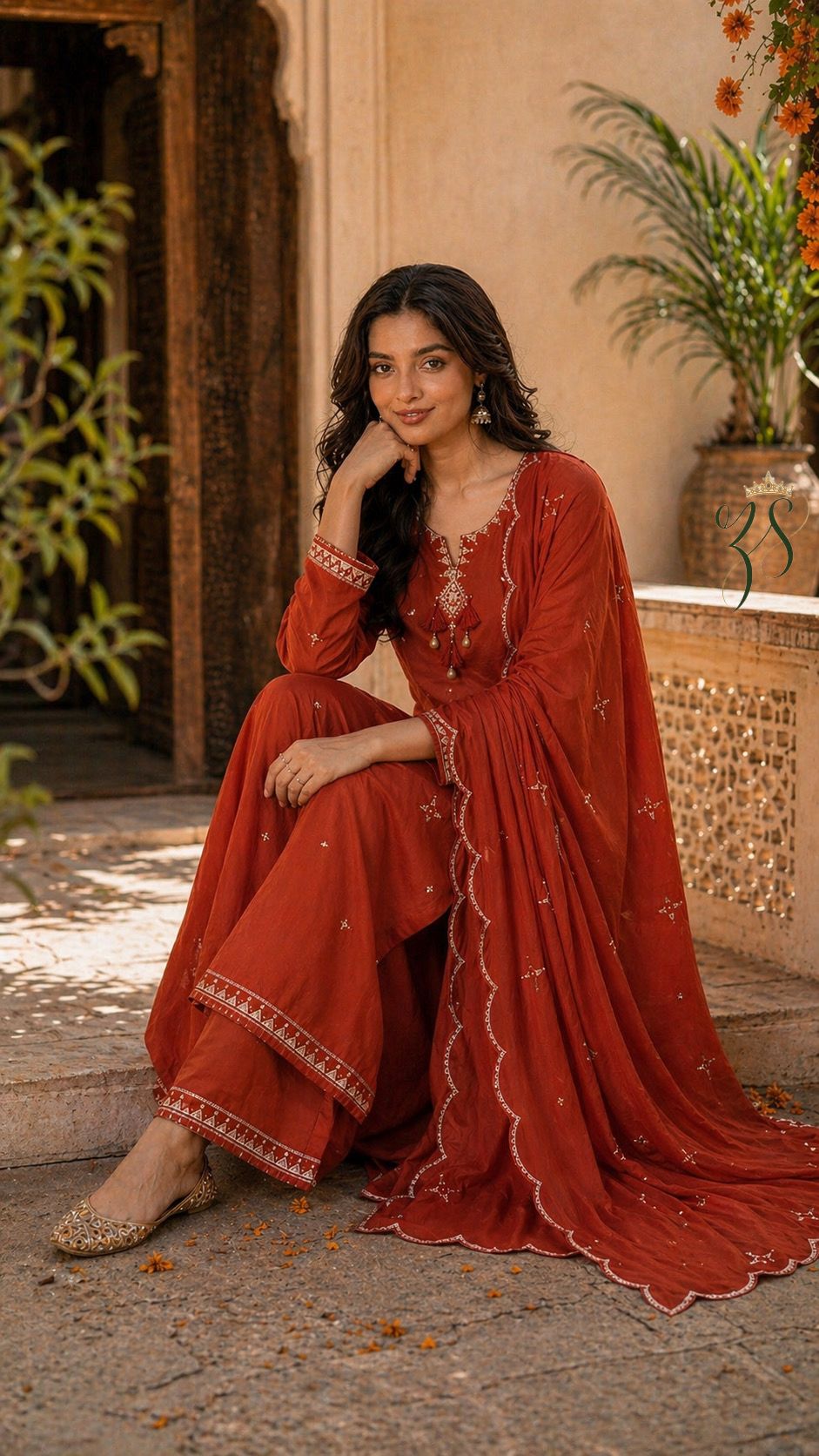Rust Orange Cotton Kurta Set with Dupatta