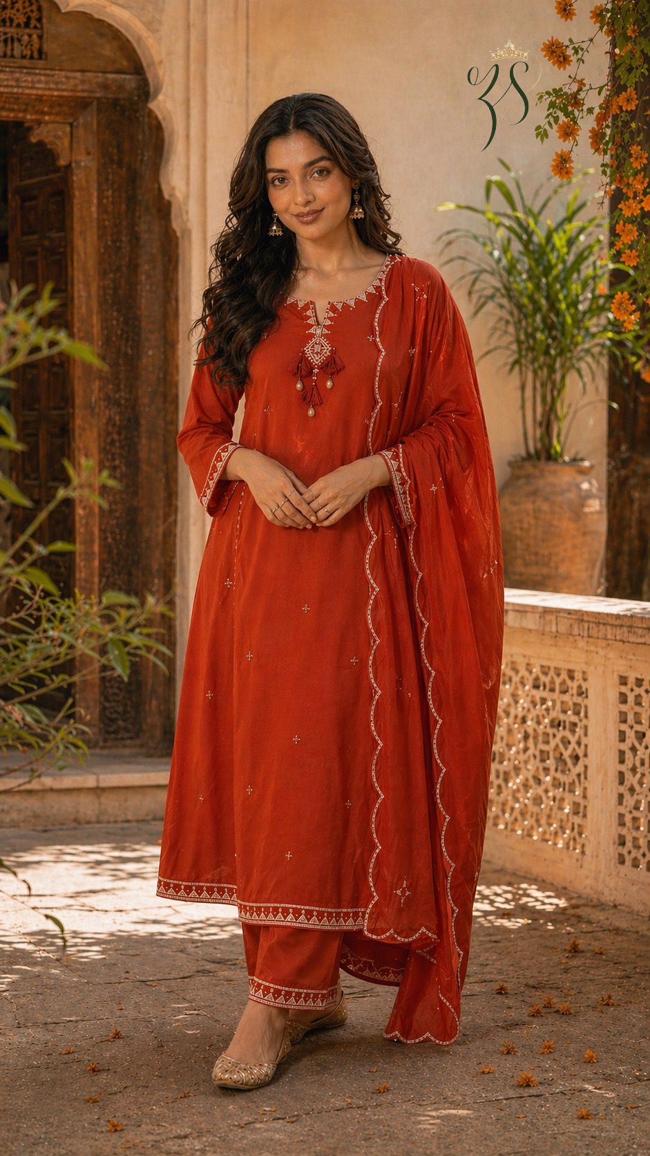Rust Orange Cotton Kurta Set with Dupatta