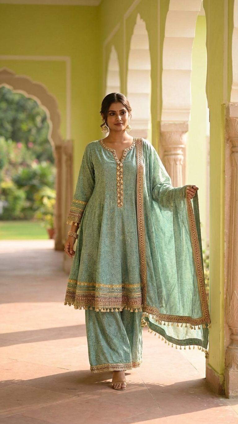 Sage green Anarkali set