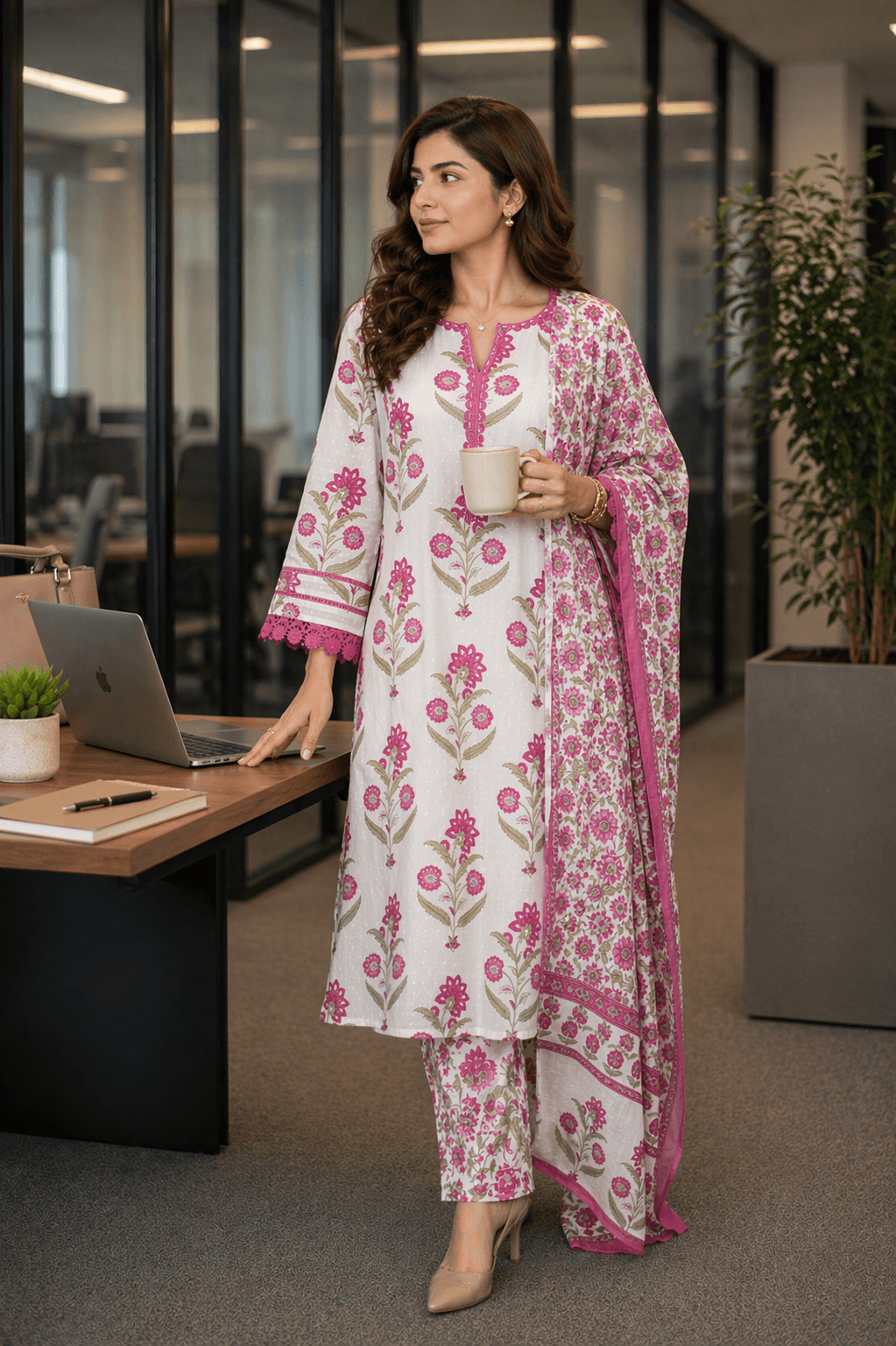 White & Pink Floral Printed Kurta Set