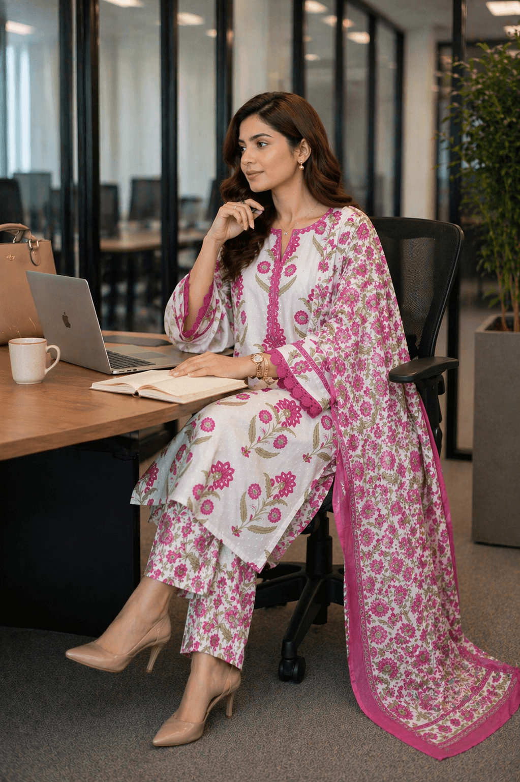 White & Pink Floral Printed Kurta Set