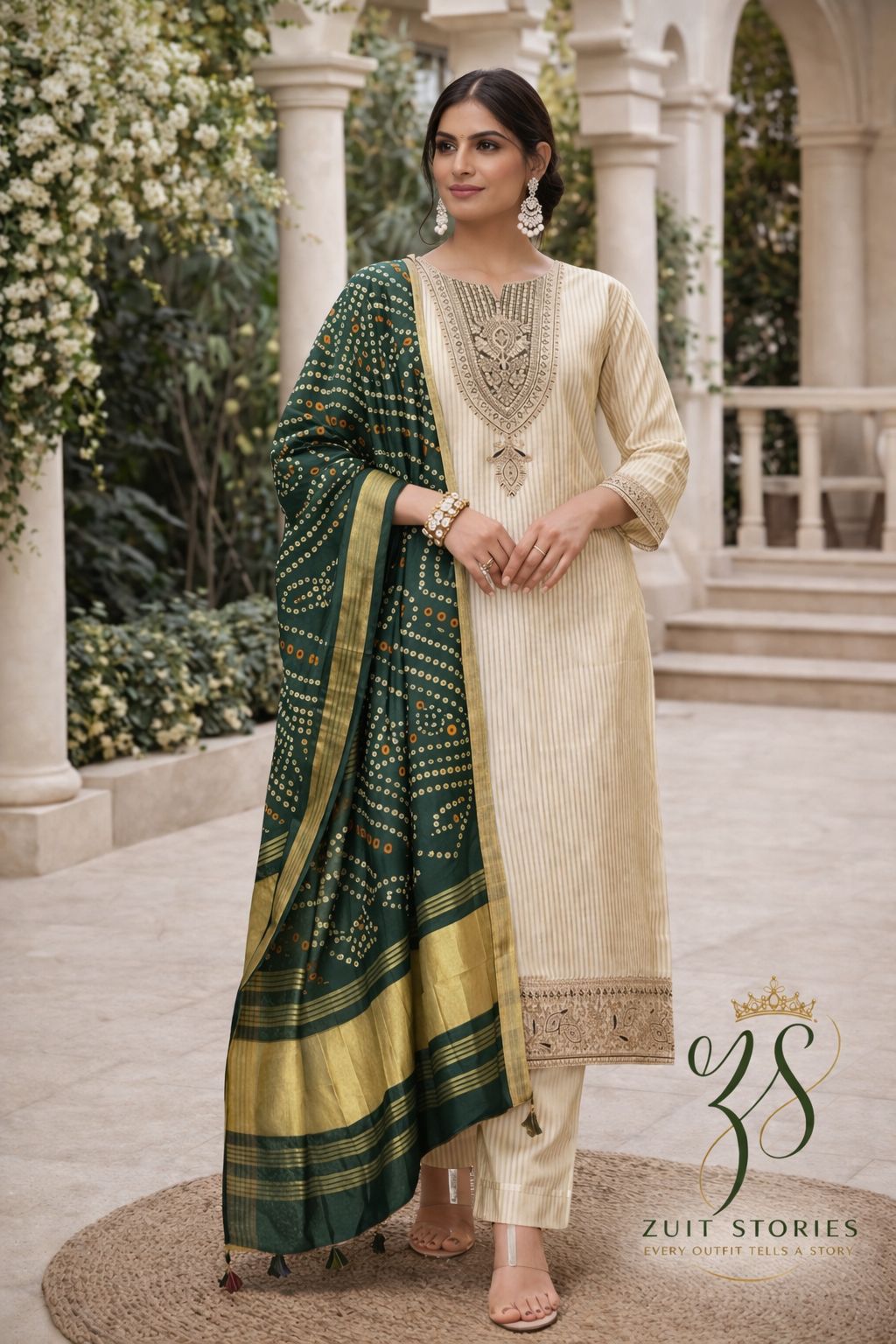 Elegant Ivory & Emerald Festive Suit Set