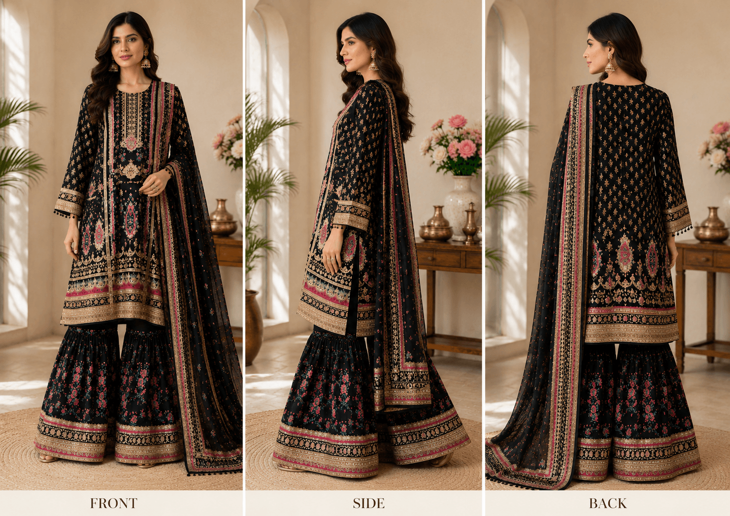 Black Floral Sharara Suit Set