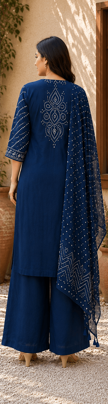 Navy Blue Bandhani Cotton Suit Set