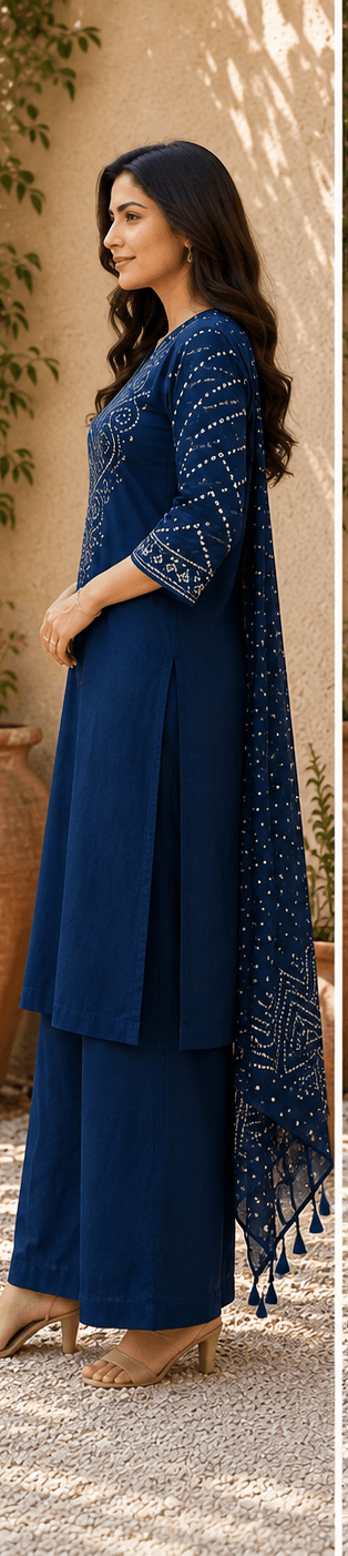 Navy Blue Bandhani Cotton Suit Set