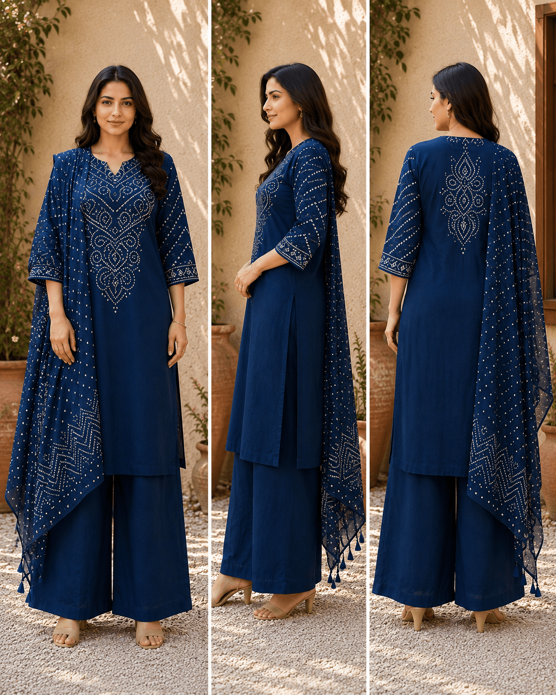 Navy Blue Bandhani Cotton Suit Set