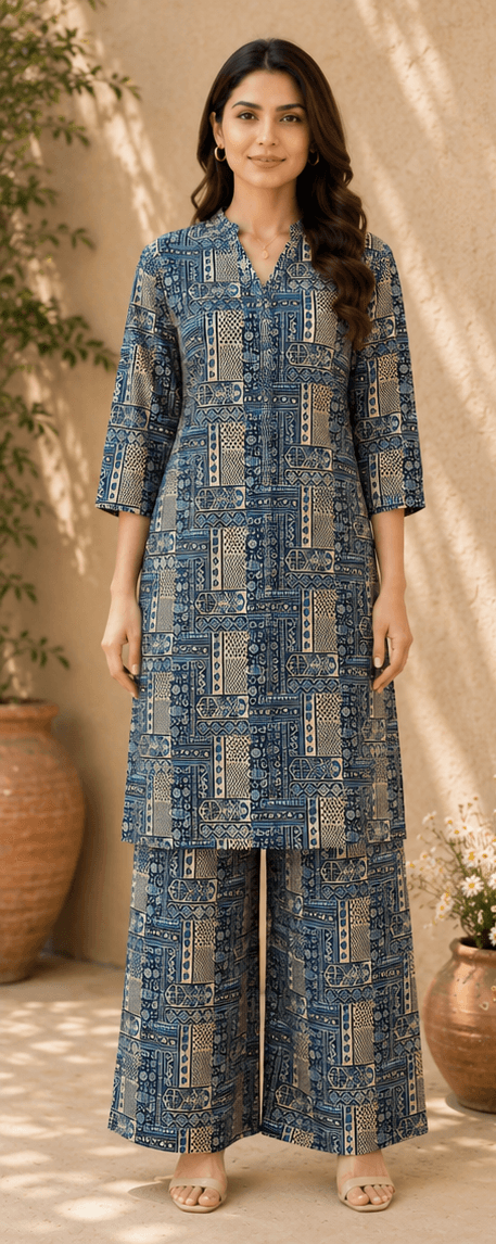 Indigo & Cream Printed Cotton Co-ord Set