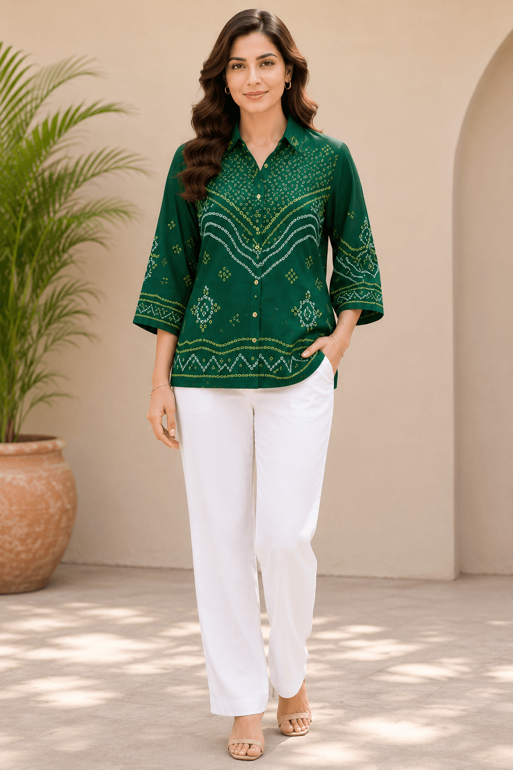 Emerald Green Printed Crepe-Cotton Shirt