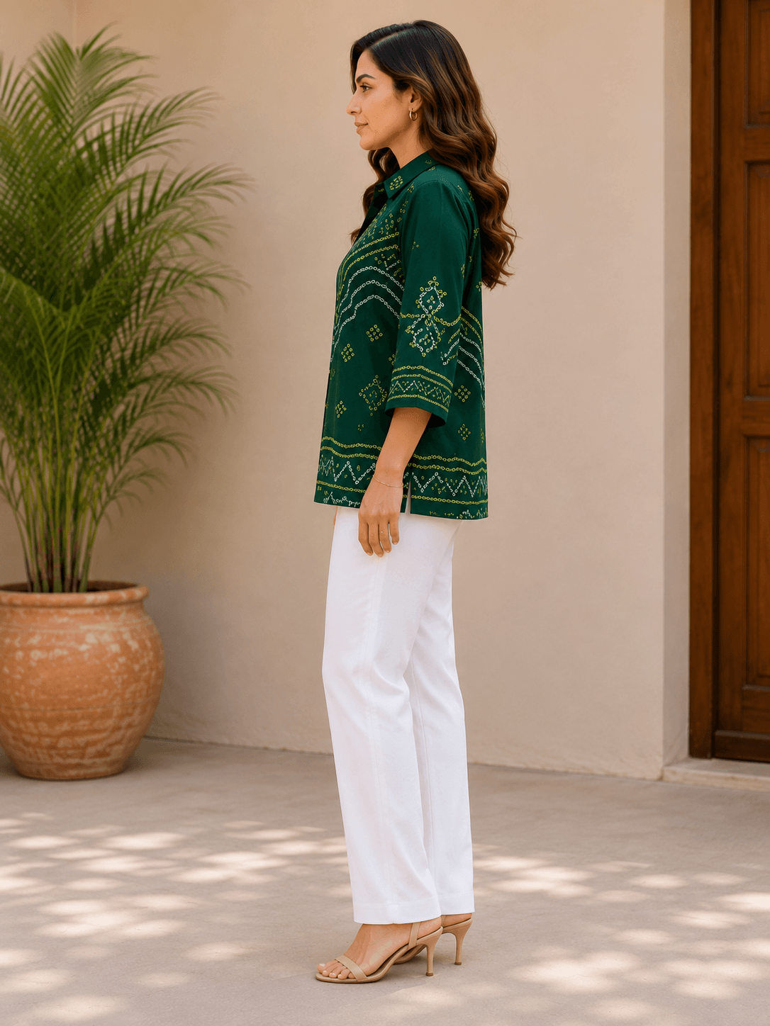 Emerald Green Printed Crepe-Cotton Shirt