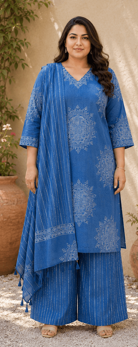 Azure Blue Cotton Printed Suit Set